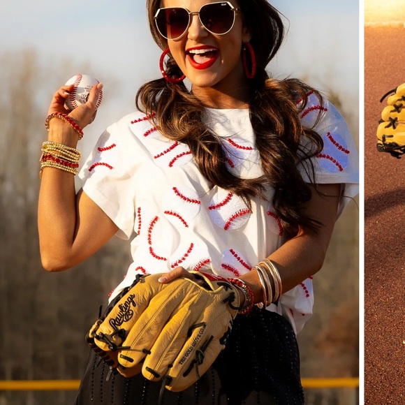 QUEEN OF SPARKLES Tops - Queen Of Sparkles Scattered Baseball Tee Shirt Top Sequin Ball Sports White